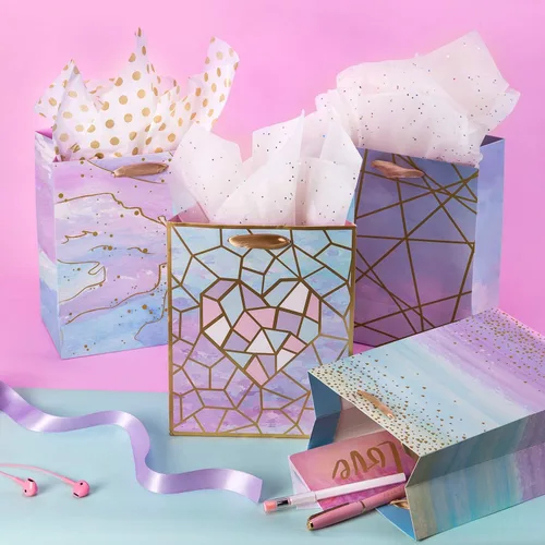 Miniatura 4 de Loveinside Bolsas de regalo de tamaño mediano, bolsa de regalo con patrón de mármol colorido con papel de seda para compras, fiestas, bodas, baby