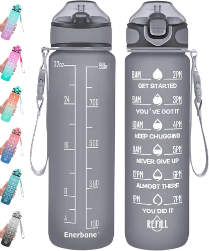 Miniatura 8 de Enerbone Botella de agua potable de 32 oz con tiempos para beber y popote, motivacional con correa para llevar, a prueba de fugas, sin BPA ni