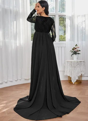 Miniatura 5 de ZIUMUDY Vestido de maternidad con cuello en V para fotografía de gasa, manga larga, con costuras de encaje, maxi vestido para baby shower