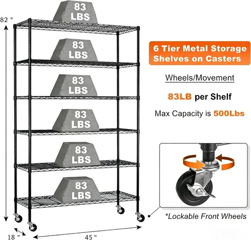 Miniatura 4 de Estantes de almacenamiento de 6 niveles, estantería de metal resistente con ruedas, estante de alambre resistente al óxido, 45 pulgadas de largo x