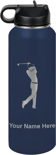 Miniatura 67 de LaserGram Botella de agua personalizada, golfista de golf, acero inoxidable de doble pared aislada al vacío con popote superior, regalo grabado Negro