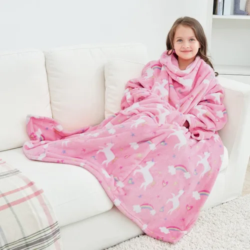 Miniatura 17 de Softan Manta de forro polar para niños con mangas y bolsillo para el pie para niños y niñas, manta ligera y suave, diseño de gato