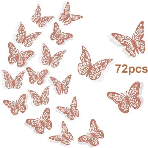 Decoración de pared de mariposa 3D, 72 piezas, 3 estilos, 3 tamaños, mariposas de oro rosa para fiestas, cumpleaños, decoraciones de pasteles,