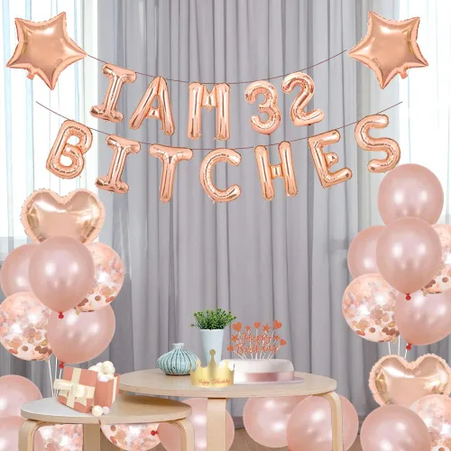 Miniatura 3 de Juego de fiesta de cumpleaños número 32, con texto en inglés "I am 32 Bitches" (Soy 32 Bitches), globos de confeti de oro rosa para niñas de 32 años