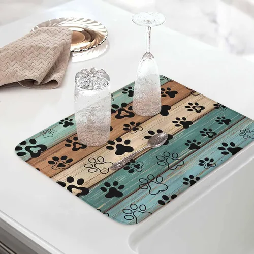 Miniatura 5 de Tapete de secado de platos con estampado de patas de perro para encimera de cocina, tapete de secado de platos de madera verde azulado, marrón