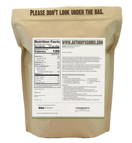 Miniatura 2 de Gluten Vital de Trigo de Anthony's, 4 lb, Vegano, Sin OGM, Apto para Keto, Bajo en Carbohidratos