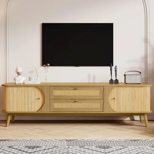 Miniatura 12 de JIVOIT Moderno soporte de TV de ratán para televisores de hasta 80 pulgadas, mesa consola inspirada en ratán con 3 gabinetes y 2 cajones, armario