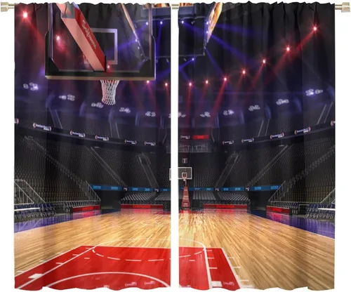 Miniatura 38 de Cortinas deportivas de baloncesto para niños, patrón de llama de bola 3D naranja, 42 pulgadas de ancho x 45 pulgadas de largo
