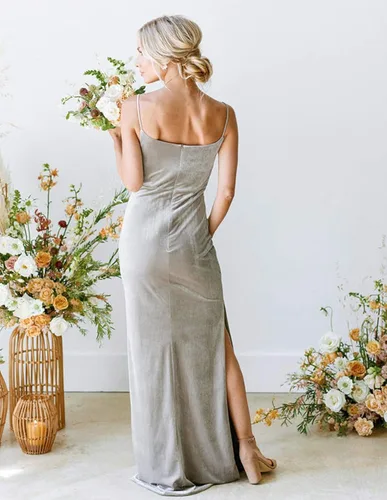 Miniatura 3 de Vestido de dama de honor de terciopelo con cuello vuelto para mujer, largo, moderno, formal, para invitada de boda, con abertura lateral, M005