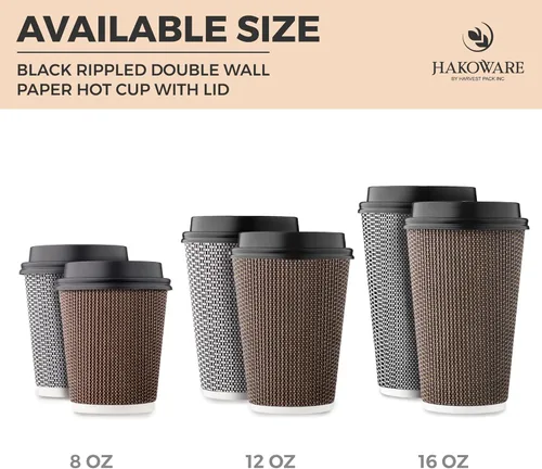 Miniatura 6 de Paquete de 85 tazas de café desechables de 16 onzas, vasos de papel de doble pared con tapas, diseño geométrico marrón, tazas de papel calientes