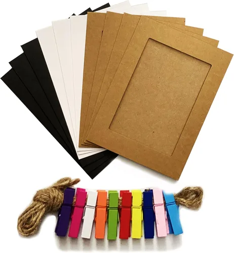 Marcos de fotos de papel de 5 x 7 pulgadas, marcos de fotos de cartón montado en enlace creativo con cuerda de lino y clips, 3 colores (10 piezas 10