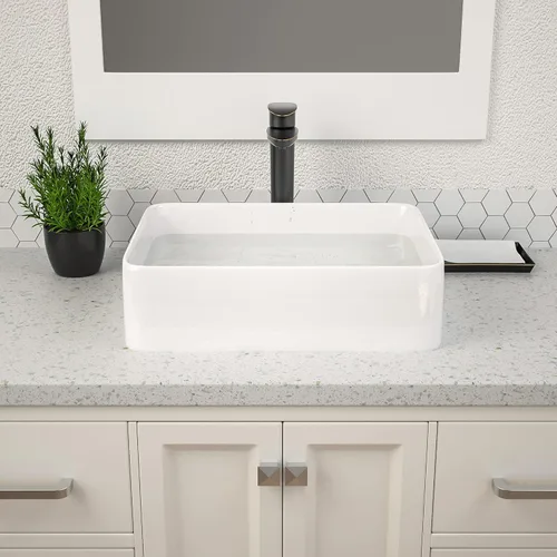 Miniatura 3 de Lavabo Rectangular, Dcolora 19" x 15" Lavabo de Baño de Cerámica Blanca de Porcelana Rectangular Lavabo de Baño Sobre Mostrador Lavamanos de Tocador