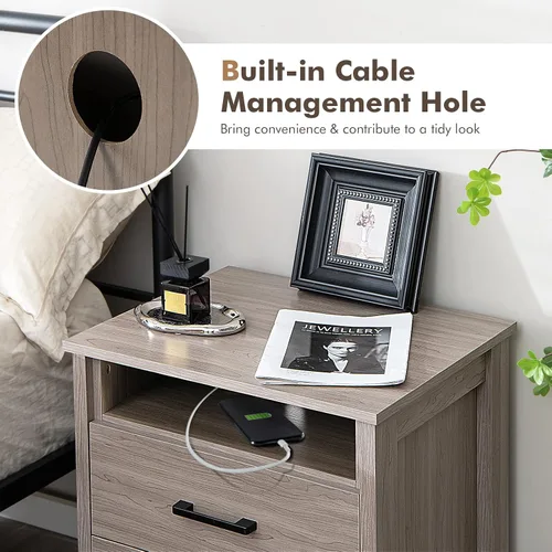 Miniatura 5 de Giantex Mesita de noche con 2 cajones, mesa auxiliar de madera con estante de almacenamiento abierto y agujero para cable, mesita de noche