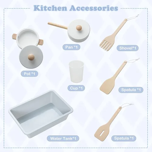 Miniatura 3 de INFANS Juego de cocina para niños, juego de cocina de madera con estufa, fregadero, microondas, armario de almacenamiento, juego de juguetes