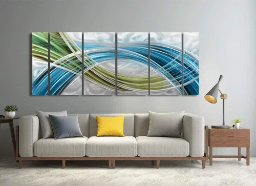 Miniatura 3 de Yihui Arts Arte abstracto de pared de metal, hecho a mano, 5 paneles grandes, grandes, azul, verde azulado, plateado, único, aluminio 3D, moderno
