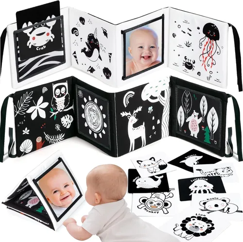 URMYWO Juguetes con espejo para tiempo boca abajo, tarjetas de aprendizaje con estimulación visual, juguetes para bebés de alto contraste en blanco