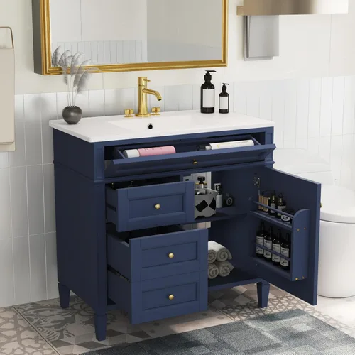 Miniatura 11 de Virubi Tocador de baño de 30 pulgadas con fregadero de cerámica, armario de almacenamiento independiente moderno con 1 puerta, 2 cajones y cajón Azul