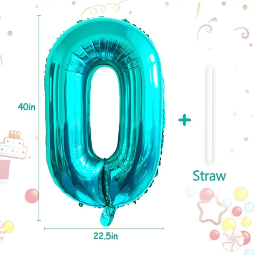 Miniatura 2 de Globo de 40 pulgadas color azul turquesa número 0, globos de helio de Mylar de papel de aluminio de dígitos de gran tamaño para baby shower, fiesta