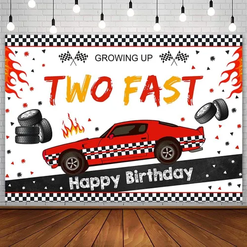 SENDY Carro de carreras de 7 x 5 pies, dos telón de fondo rápido, decoración de fiesta de segundo cumpleaños, suministros para niños, tablero de