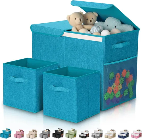 Miniatura 17 de Paquete de 3 Cajas Grandes de Almacenamiento de Juguetes de 23" con Cubos Contenedores de 11", Organizador de Juguetes Plegable con Tapas para Verde