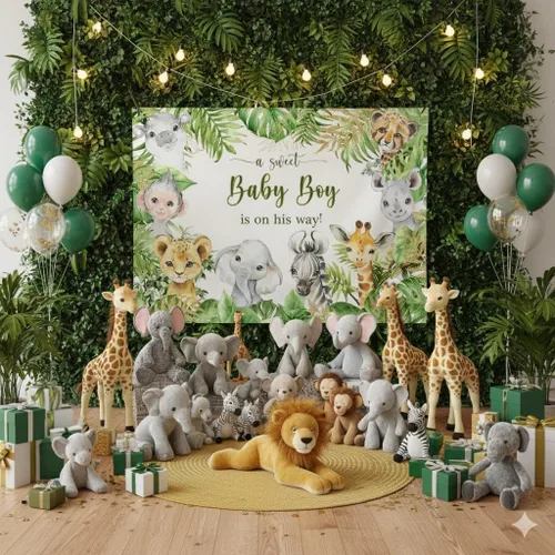 Miniatura 2 de Telón de fondo de 7 x 5 pies con diseño de animales de safari de la selva para baby shower, baby shower, para bebé, niño está en camino, es un niño