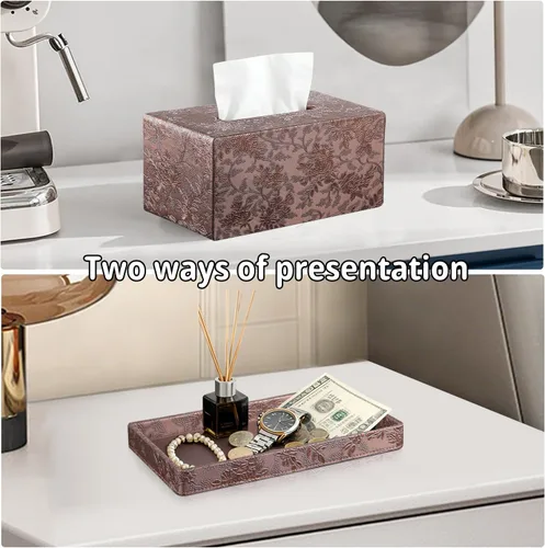 Miniatura 2 de YAPISHI Caja de pañuelos grande rectangular con almacenamiento de bandeja, soporte de pañuelos faciales de piel sintética, se adapta a 230
