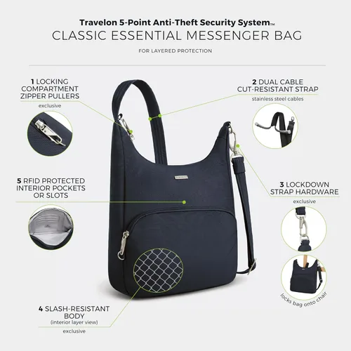 Miniatura 3 de Travelon Bolsa bandolera clásica antirrobo esencial, color negro