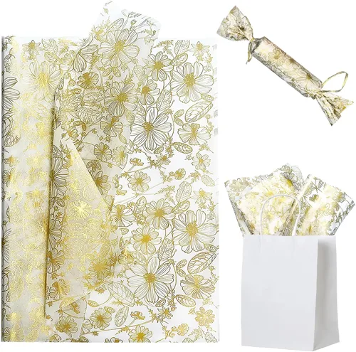 TTLLQQ 40 hojas, 20 x 26 pulgadas, papel de seda impreso con estilo floral dorado para cajas de regalo, envoltura de regalo, manualidades, bodas,