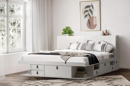 Miniatura 30 de Memomad Bali Slim Set: Plataforma de almacenamiento con cajones + Cabecero de panel plano (Tamaño completo, madera marrón roble)