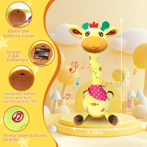Miniatura 7 de Hunfur - Juguete de Jirafa que Habla y Baila, Animal de Peluche que Repite lo que Dices con Luz que Brilla, Juguete para Bebés de 3-18 Meses, Regalo