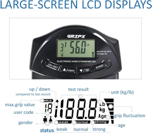 Miniatura 6 de Dinamómetro de mano digital medidor de fuerza de agarre Auto captura electrónica de poder de agarre manual 198 libras / 90 kilogramos