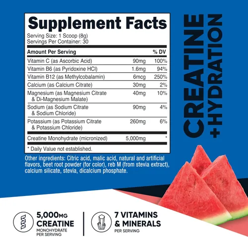 Miniatura 2 de Nutricost Monohidrato de creatina + hidratación con sabor a sandía (30 porciones) – 7 vitaminas y minerales, 5000 mg de creatina por porción