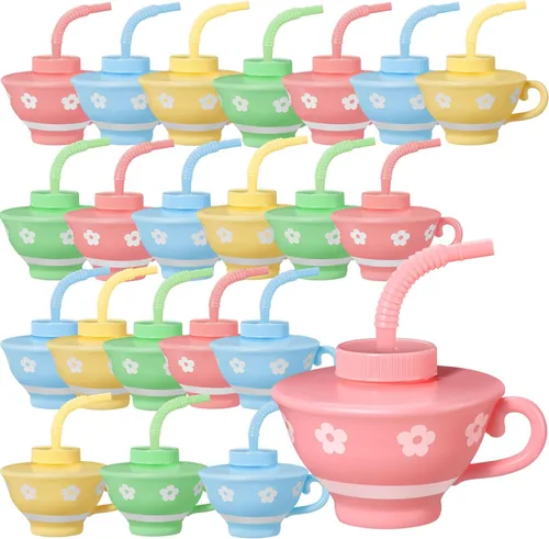 Zhehao 24 tazas de té de plástico con tapas y pajitas para niños, fiesta de té, 9 onzas, reutilizables, desechables, tazas de té a granel para