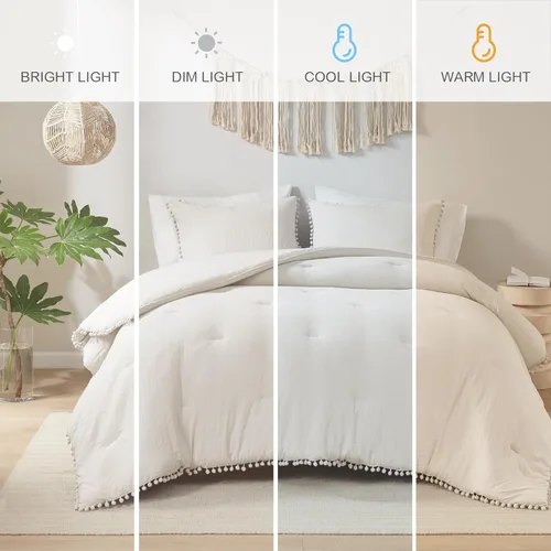 Codi Juego de edredón beige tamaño King, ropa de cama bohemia chic con elegantes flecos de pompones, juego de lujo de 3 piezas de microfibra lavada