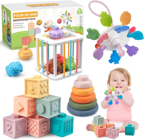 Plunack Juguetes Montessori 4 en 1 para bebés, bloques apilables suaves para bebés, juguetes de dentición, bolas sensoriales y juego de aprendizaje