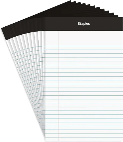 STAPLES Bloc de notas, 5 x 8 pulgadas, rayas estrechas, blanco, 50 hojas/bloc, paquete de 12