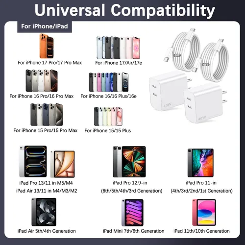 Miniatura 4 de Cargador de 40 W para iPhone 17 de carga rápida, paquete de 2 bloques de carga de pared USB C de doble puerto con cable USB C a USB C de 6 pies