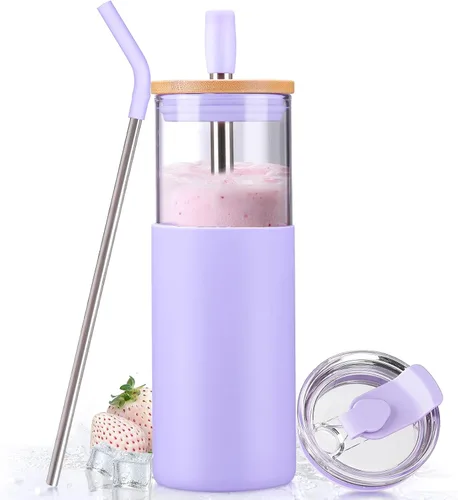 Miniatura 9 de Kodrine Vaso para agua de vidrio de 20 onzas con popote y tapa, botella de agua con tapas de bambú, taza para café helado, reutilizable, boca ancha