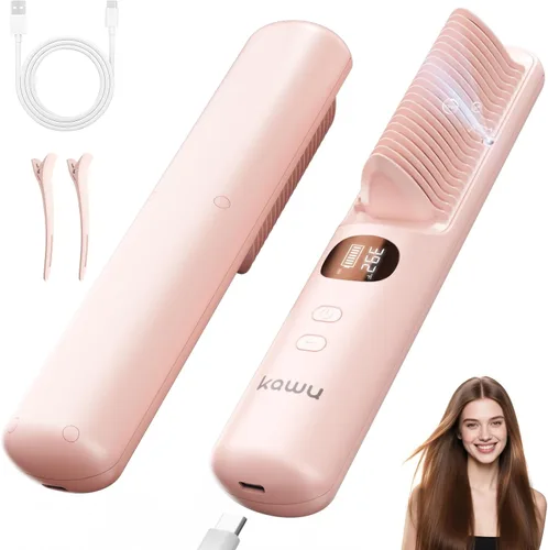 Miniatura 10 de Kawu Plancha eléctrica para el cabello, peine caliente portátil inalámbrico para viajes, de iones negativos de cerámica, mini peine alisador