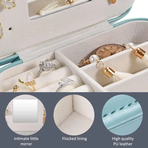 Miniatura 2 de AONCO Joyero, caja de almacenamiento portátil de joyería de viaje, caja de joyería pequeña para mujer, caja de almacenamiento de aretes con espejo