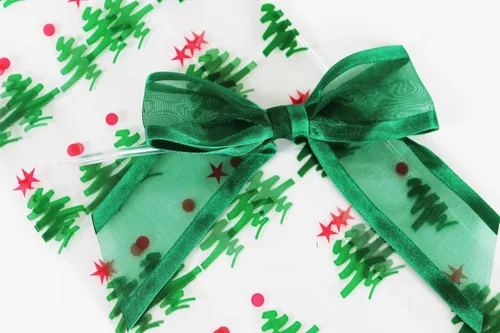 Miniatura 2 de Saybrook Products Bolsas navideñas de celofán con lazo de organza con lazo de organza con lazo giratorio. Juego de 10 bolsas reforzadas de 11 x 5 x