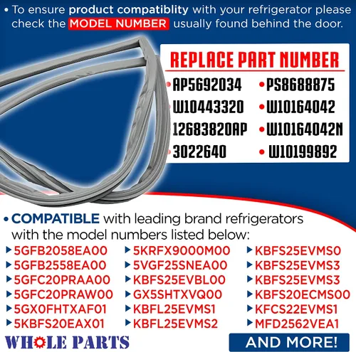 Miniatura 3 de Sello de puerta de refrigerador gris Whole Parts mejorado (tira magnética en el interior) – Parte # W10571967 – Compatible con modelos seleccionados