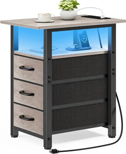 Miniatura 22 de Vagusicc Mesita de noche negra con estación de carga y luces LED, mesa auxiliar estrecha, mesita de noche LED con 3 cajones de tela para dormitorio