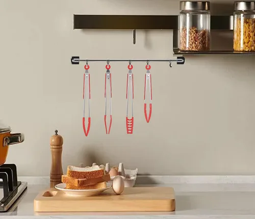 Miniatura 8 de Juego de 4 pinzas de cocina de silicona, antiadherentes de acero inoxidable con puntas de silicona sin BPA para servir pasta, espagueti, bistec, Rojo