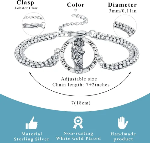 Miniatura 111 de Pulsera unisex de San Miguel/Cristóbal/Benedicto/Jude/José/Guadalupe/Ángel de la Guarda/Santa Muerte Pulsera de plata de ley 925 con cadena de doble