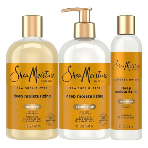 SheaMoisture Cuidado del cabello hidratante profundo, 3 unidades de manteca de karité cruda para cabello rizado, seco y dañado, sin sulfato, champú
