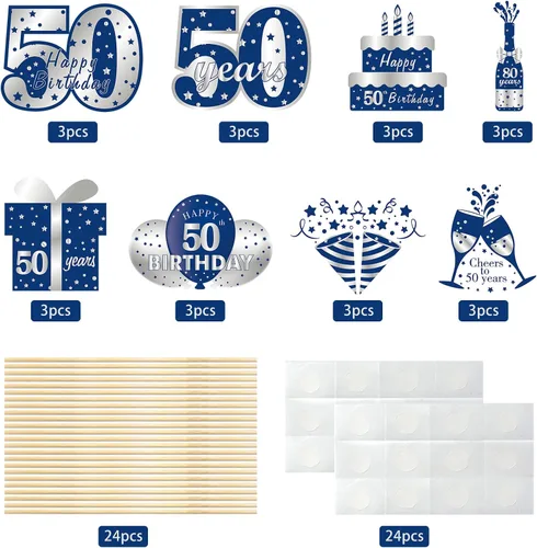 Miniatura 3 de 24 piezas de decoración de mesa de cumpleaños de 50 años, color azul y plateado, incluye 24 patrones de cartón, palos y puntos adhesivos, perfecto