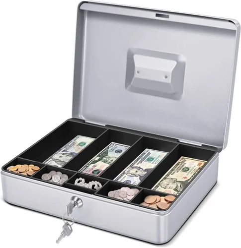 Miniatura 9 de Caja de Dinero Flexzion con Bandeja de Dinero y Cerradura - Caja de Dinero de Metal para Pequeñas Empresas, Caja de Dinero Negra de 9 Compartimentos