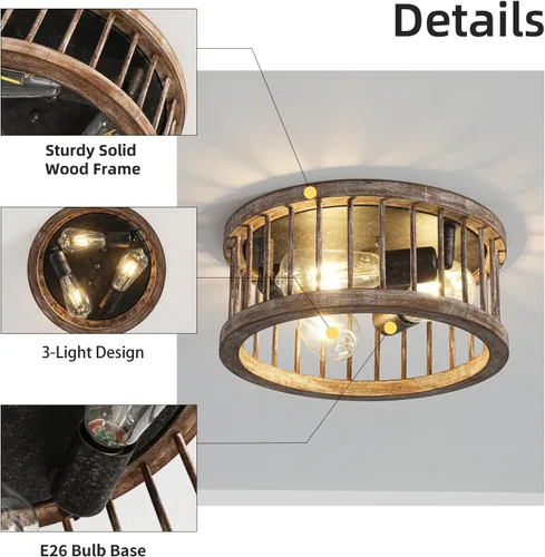 Miniatura 2 de Lámpara de techo de montaje empotrado estilo granja, 3 luces de metal y madera de 12.6 pulgadas, lámpara de techo para cocina, pasillo, comedor