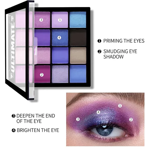 Miniatura 4 de Boobeen Paleta de sombra de ojos colorida de maquillaje - 16 colores, sombra de ojos mate y brillante, paletas de sombra de ojos brillantes, Azul